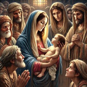 Ilustrație în stil religios care o înfățișează pe Maria ținând în brațe Pruncul Isus, înconjurați de mai multe persoane îmbrăcate în veșminte specifice Orientului Antic. Maria poartă un văl albastru și privește cu blândețe copilul, în timp ce oamenii din jur îi privesc cu respect și admirație. Lumina caldă care pătrunde printr-o fereastră din fundal creează o atmosferă solemnă și plină de speranță.